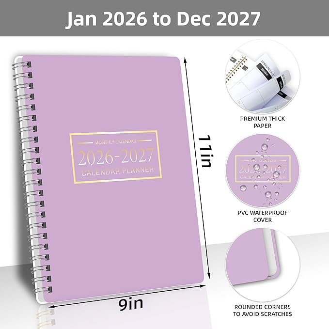 Monthly Planner Jan 2026 - Dec 2027, Monthly Planner for 24 Monthes, 9×11 Inch, Teacher Monthlys, Hard PVC Cover, Spiral Bound, Time Management Calendar, Perfect for School & Office (Purple)