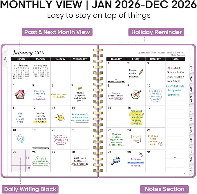 2026 Planner, Weekly and Monthly Calendar Planner Book, January 2026 - December 2026, Hardcover Spiral Planner with Monthly Tabs, Notes Pages, Perfect for Women & Men, A5 (6.4" x 8.5") - Purple