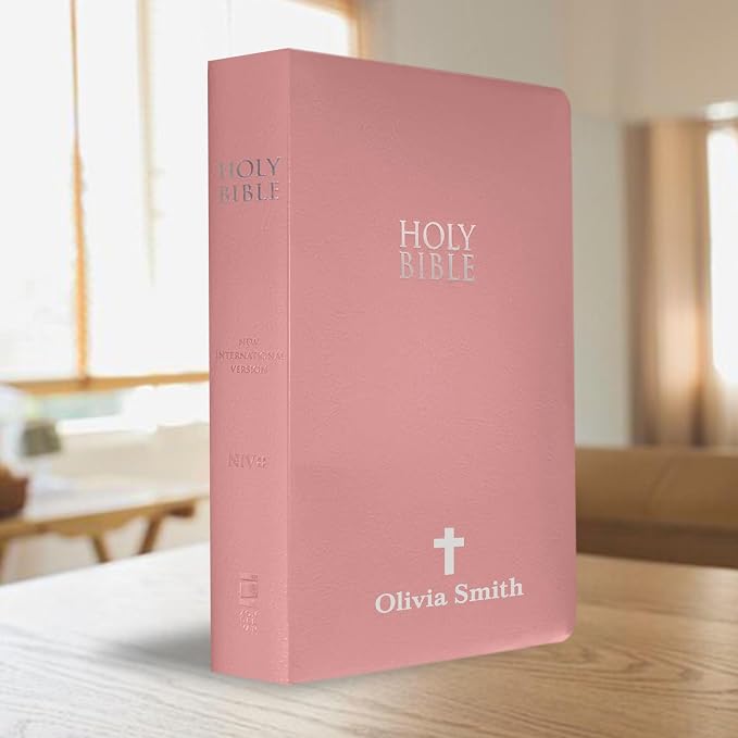 MerchSalad Personalized NIV Bible New International Version Faux Leather Holy Bible with Custom Name SMALL PRINT with Red-Highlighted Verses, Custom Gift for Christian & Religious Celebrations | Pink