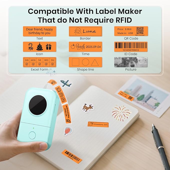 480 PCS D30 Label Maker Tape 0.47" × 1.57" (12 × 40 mm) Vinyl Waterproof Thermal Stickers Self-Adhesive Decals for Retail Office Home School Orange