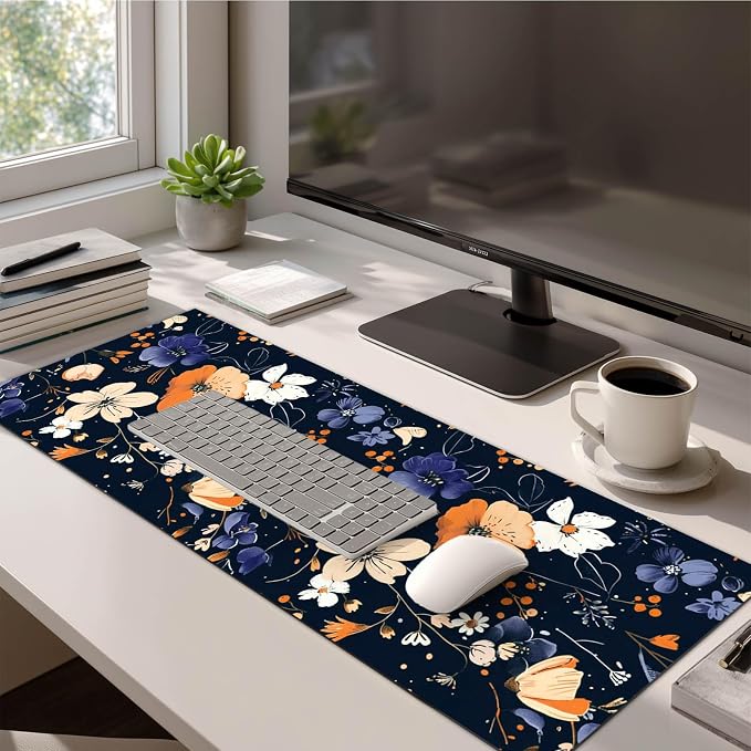 HOMETITUTE Large Mouse Pad 31.5 x 11.8 Inch Dark Floral Desk Mat Extended Keyboard Mousepad Non Slip Waterproof Desk Pad with Orange White Purple Flowers for Home Office Gaming
