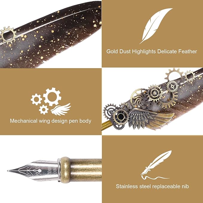 NC Feather Quill Pen Set - Includes 5 Ink Bottles, 6 Nibs, Mechanical Quill Pen for Calligraphy, Writing Letters, Signing, Invitations Etc (Grey)