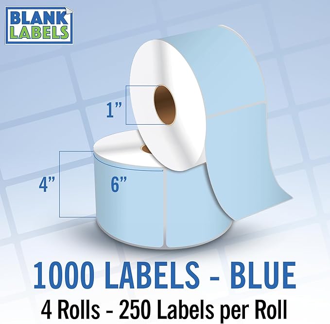 4" X 6" Direct Thermal Shipping Labels | Blue | 1" Cores w/Perfs Easy Tear | Made in USA | Printing Label | 1000 Labels | 250 Labels per Roll | 4 Rolls | Blank Labels