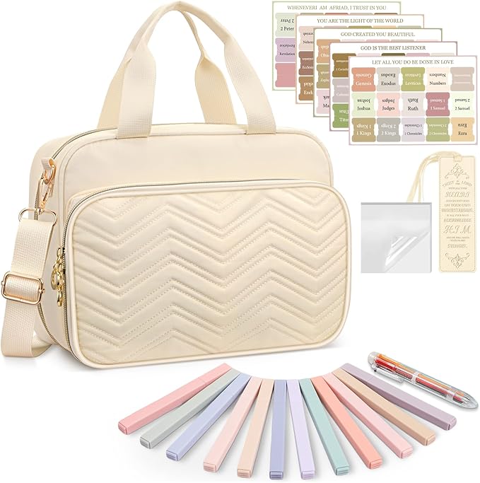 FINPAC Large Bible Cover Case for Women, Bible Study Supplies Journaling Kit with Shoulder Strap, Christian Gifts Church Bag, Beige