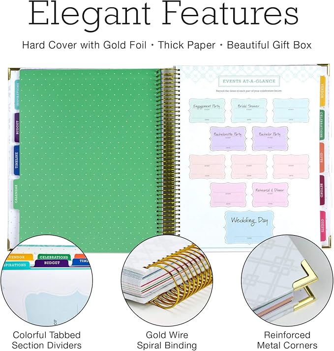 Global Printed Products Wedding Planner 9x11 Hardcover Organizer, Bookmark, Planning Stickers, Business Card Holder, and Pocket Folders