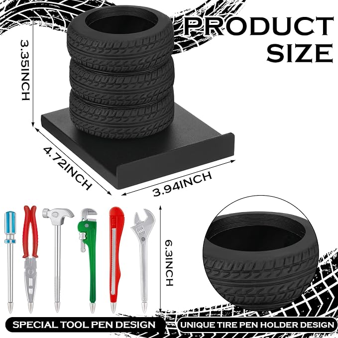 Fuyoooo 7 Pcs Tire Shape Stationery Set Tire Pen Holder Gift Business Card Holder Automotive Desk Organizer for Man Tool Wrench Pens Fun Office School Cool Mechanic Gifts Car Lover Sales Accessories