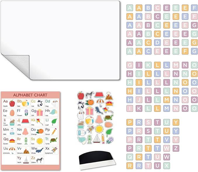 COMIX Magnetic Dry Erase Board, Magnetic ABC Alphabet Chart for Kids, 26" x 17" Adhesive White Board with 156 Pieces ABC Graphic Magnet for Kids at Home Student Classroom