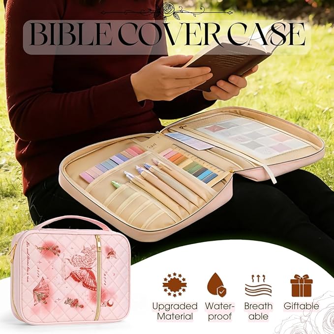 Pink Bible Cover Case: Mothers Day Gifts Large Quilted Bible Bag with Multi Pockets 26 Pcs Study Supplies Journaling Kit, Durable Book Carrying Cases Presents with Butterflies Rose Print