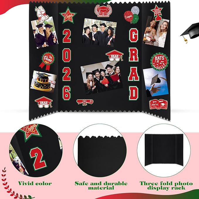 AmazingSpark 4 Sets Graduation Photo Display Board Trifold Poster Board with 12 Graduation Themed Stickers for 2026 Grad Party Decoration Picture Collage Frame Supplies (24 x 16,Red Green)