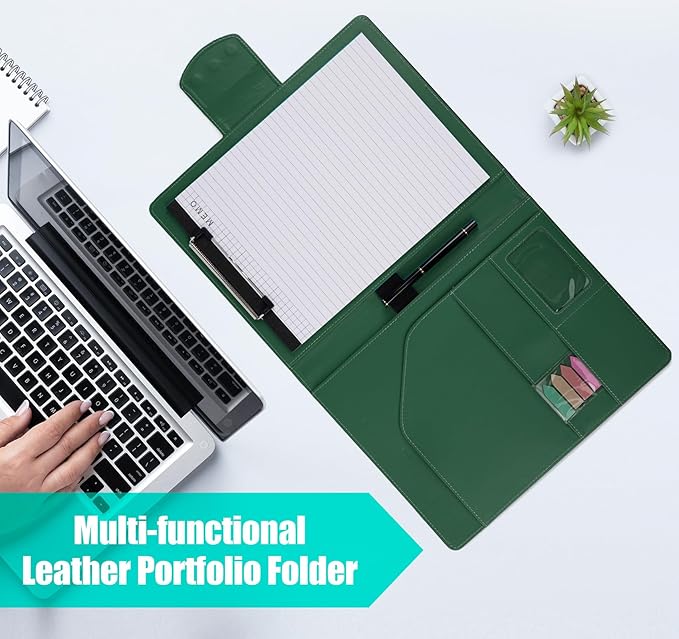 A4 Leather Portfolio,All-in-One Folder Legal Pad Padfolio,Business Interview Legal Organizer with Magnetic Closure,Resume Folder Binder with Luxury Papers,Sticky Tab,Pen for Men & Women,Retro Green