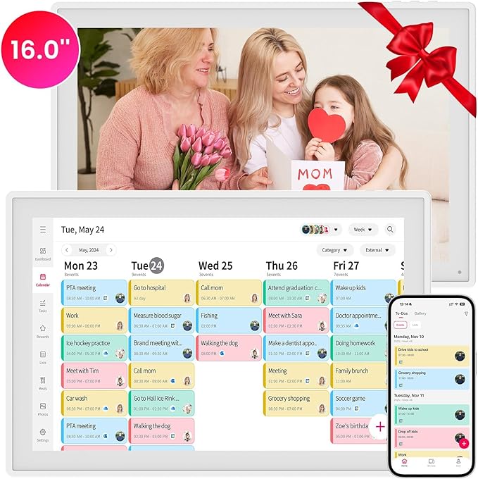 16" Smart Digital Calendar, Wall Desk Mount Planner with Google iCloud Sync, Touchscreen Family Organizer for Chore Chart, Meal Planning & Task Rewards（White）