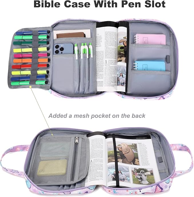 Octsky Bible Covers Bible Case Book Carrying Case Scripture Church Bag Bible Protective with Handle Zippered Pocket (Butterfly Purple)