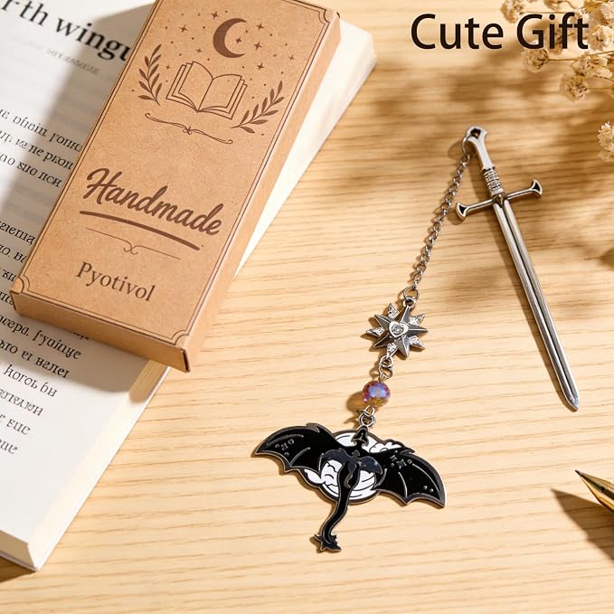 Silver Dragon Bookmark with Sword and Fourth Wing Antique Metal Tassel Pendant, Bookmarks for Reading Women, Men, Book Lovers, Teachers and Students, Christmas Birthday Gifts