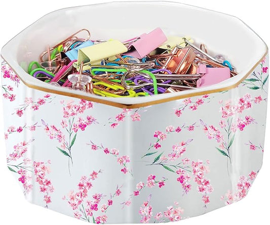 Ceramic Paper Clip Holder Gold Line Paper Clip Dispenser Organizer for Desk Cute Floral Pattern Office Binder Clip Holder Bobby Pin and Hair Clip Holder Gift for Office Pink Flowers