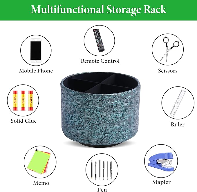 lizimandu Round Leather Art Supply Organizer,Remote Control Holder,360 Degree Spinning,Multi-Functional Pencil Holder,4 Compartments Desktop Stationary Organizer(1-Carved Metal Green3)