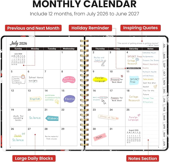 Planner 2026-2027, Monthly and Weekly Academic Planner July 2026 - June 2027, Hardcover Student Teacher Planning Agenda Calendar Book with Tabs, Perfect for Office School Supplies, A5 (6.3" x 8.5") - Skate Pup