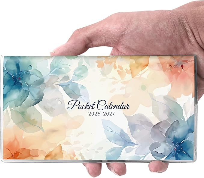 SKYDUE Pocket Calendar 2026-2027 for Purse 6.5" x 3.5", 2026-2027 Pocket Planner 24 Months with Soft Waterproof Cover, Watercolor Floral