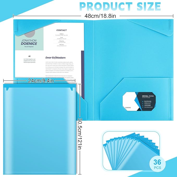Henoyso 36 Pack Light Blue Plastic Folders with Clear Front Pockets Heavy Duty File Folders with 2 Pockets and Card Slot for Student Communication School Office Presentation Report