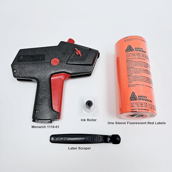Monarch 1110 Price Gun 1110-01 -Includes Sleeve of Genuine Fluorescent Red Labels, Label Scraper & Ink Roller