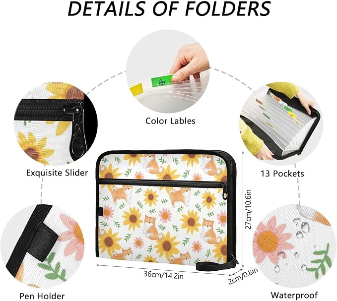 Shiba Inu Dog Sunflowe 13 Pockets Expanding File Folder with Sticky Labels Accordion File Folder Document Organizer Letter Size A4 Papers Expandable File Keeper