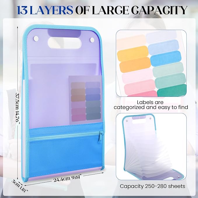 Fulmoon 4 Pcs A4 File Folders,13 Pockets File Organizer with Labels A4 Expanding File Vertical with Portable Receipt Document Organizer for Office School (Light Colors,9.45" X 14.17",Novelty)