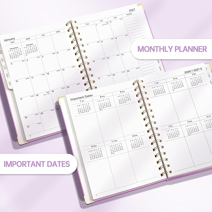 Academic Planner 2026-2027, Weekly and Monthly, A5 Size (5.7" x 8.3"), July 2026 - June 2027, To-do List for Tracking, for School, Home, Office, Hardcover, 12-Month Tabs (Purple)