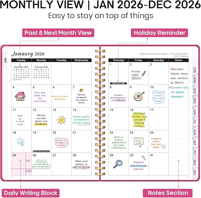 2026 Planner, Weekly and Monthly Calendar Planner Book, January 2026 - December 2026, Hardcover Spiral Planner with Monthly Tabs, Notes Pages, Perfect for Women & Men, A5 (6.4" x 8.5") - Hot Pink