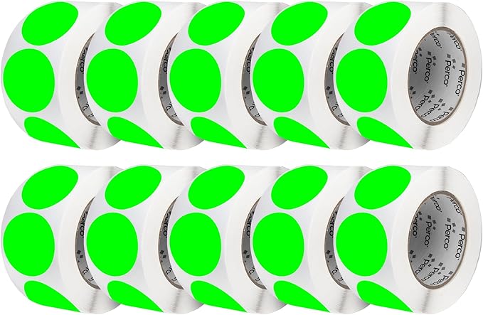Perco Fluorescent Green 3-Inch Perforated Circle Dot Sticker Labels — 10 Rolls, 5,000 Round Stickers — with Permanent Adhesive for Moving Boxes, Sale Signage, Displays, Status Messaging—Made in USA