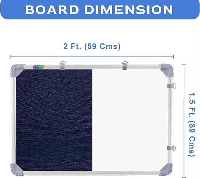 Combination Board 1.5x2 Feet (Magnetic White Board with Blue Pin-up Notice Board) with Push Pins for Home, Office & School, Heavy-Duty Aluminium Frame (White, Blue) (41x59 cm)