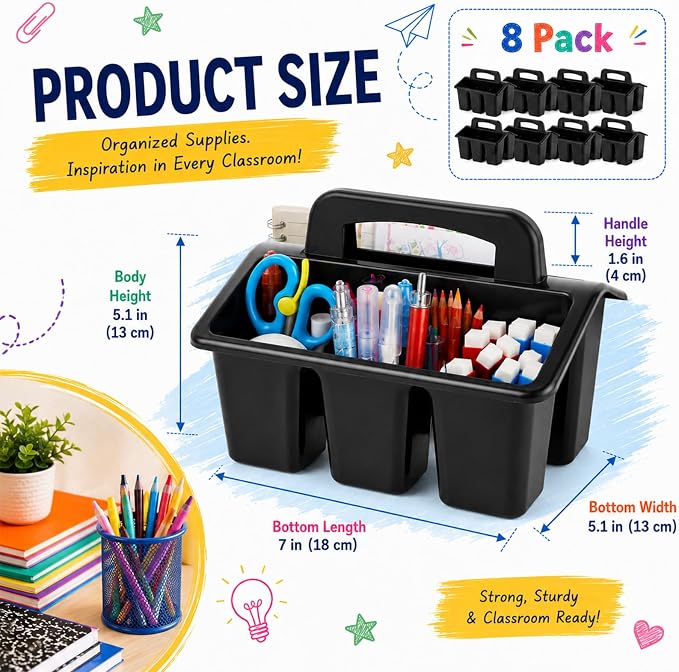 8 Pack Classroom Caddy Storage Basket with Handle 4 Compartment Storage Caddy Plastic Arts Crafts Caddies Protable Classroom Craft Caddies for Kids Schools Art Craft Supplies(Black)