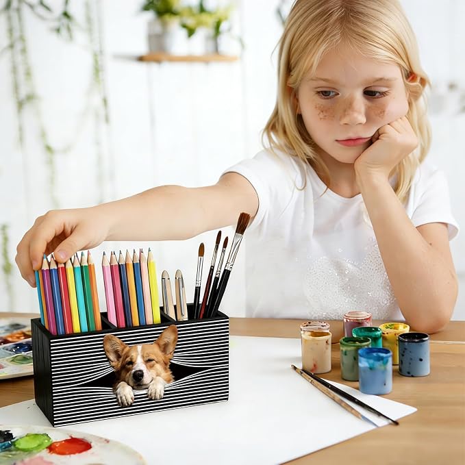 Funny Corgi Pen Pencil Holder for Desk, Corgi Lovers Gifts for Women Men, Dog Mom Lovers Gifts, Dog Office Decor Wooden Box Sign Decorations for Home Office Bedroom Desk Tabletop