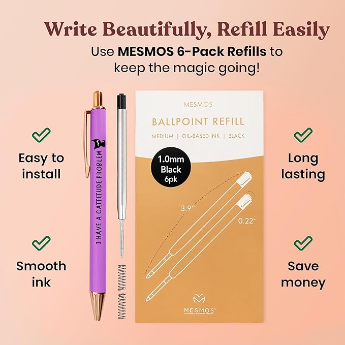 MESMOS 3pk Cute Cat Pens, Sassy and Funny Cat Lover Gifts for Women, Aesthetic Ballpoint Pens Beautifully Packaged, German-made Ink and Swiss-made Ink