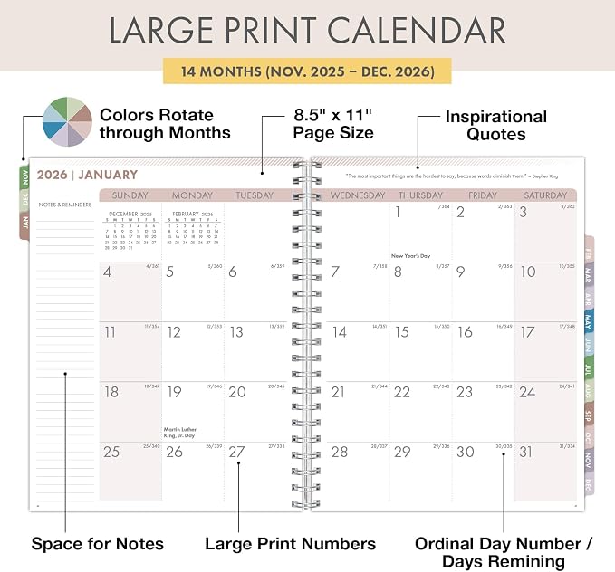 Essential PRO 2026 Daily, Weekly & Monthly Planner, 8.5"x11": 14 Months (Nov 2025 - Dec 2026) Monthly Tabs,Daily Tracking,Notes Pages,Storage Pocket,Bookmark w Sticky Notes (Teal Gold Marble)