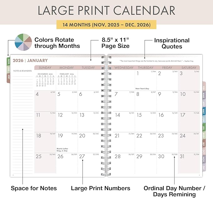 Essential PRO 2026 Daily, Weekly & Monthly Planner, 8.5"x11": 14 Months (Nov 2025 - Dec 2026) Monthly Tabs,Daily Tracking,Notes Pages,Storage Pocket,Bookmark w Sticky Notes (Rainbow Petals)