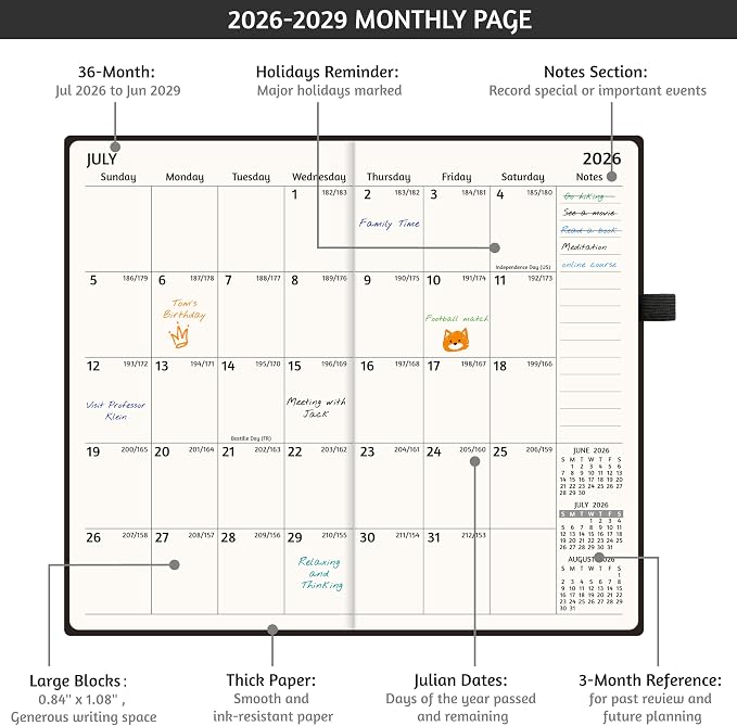 2026-2029 Pocket Monthly Planner, 3 Year Calendar 2026-2029, 6.2’’ x 3.6’’ x 0.67’’, Small Calendar 2026, 36 Months from Jul 2026 - Jun 2029, Hardcover, Back Pocket, Thick Paper, Lightweight to carry