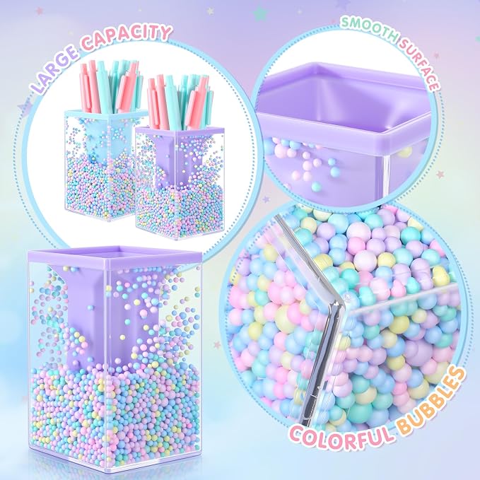 Zonon 2 Pieces Bubble Pen Holder for Desk Cute Makeup Brush Organizer & Pencil Holder with a Playful Sphere Design, Kawaii Desktop Accessories for Women, Office & School(Blue and Purple)