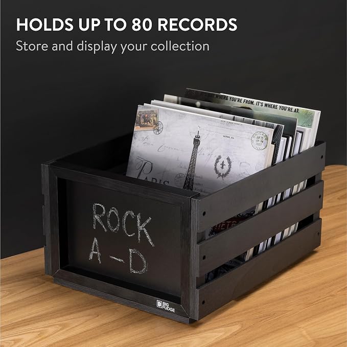 Big Fudge Wood Record Crate - Vinyl Album Storage Holder Box Wooden Case with Chalkboard Sign Board - Vinyl Record Storage Box for up to 80 LP Records