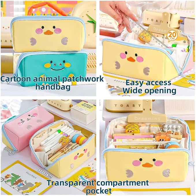 Cute Kawaii Pencil Case Pouch with Handle Cartoon Animal Large Capacity Pen Box Holder Organizer for Office Workspace Supplies Desk Accessories Travel Essentials Trendy Gift (Pink Bunny)