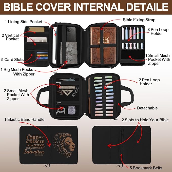 Lion Large Bible Cover Case for Men,Bible Bag for Boys,Bible Carrier,Bible Holder Organizer,The Lord is My Strength,Bible Study Supplies Journaling Kit With Highlighter,Tabs,Pen,Christian Gift