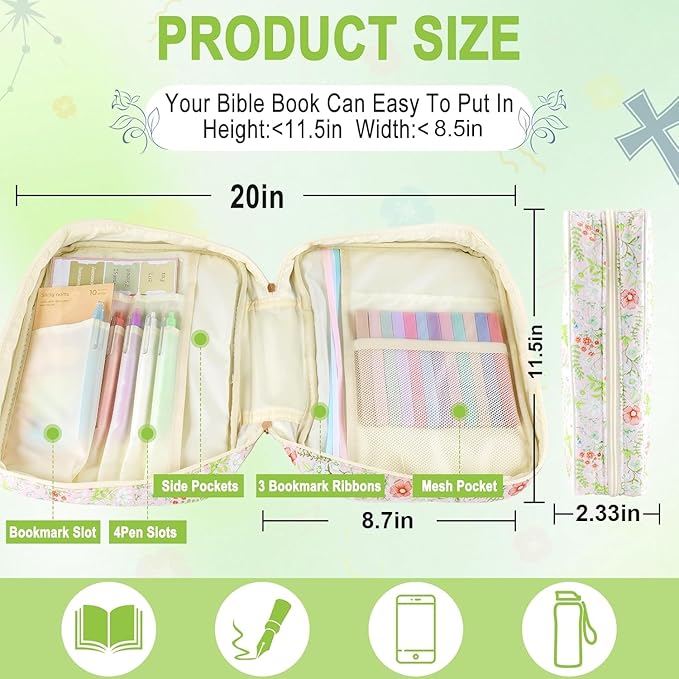 Zkptops Bible Cover Case for Women Large Bible Bag Cotton Quilted Bible Carrying Case with Zipper Pocket and Handle Carrying Book Cover for Christian Study Supplies Christian Gift(Jungle Flowers)