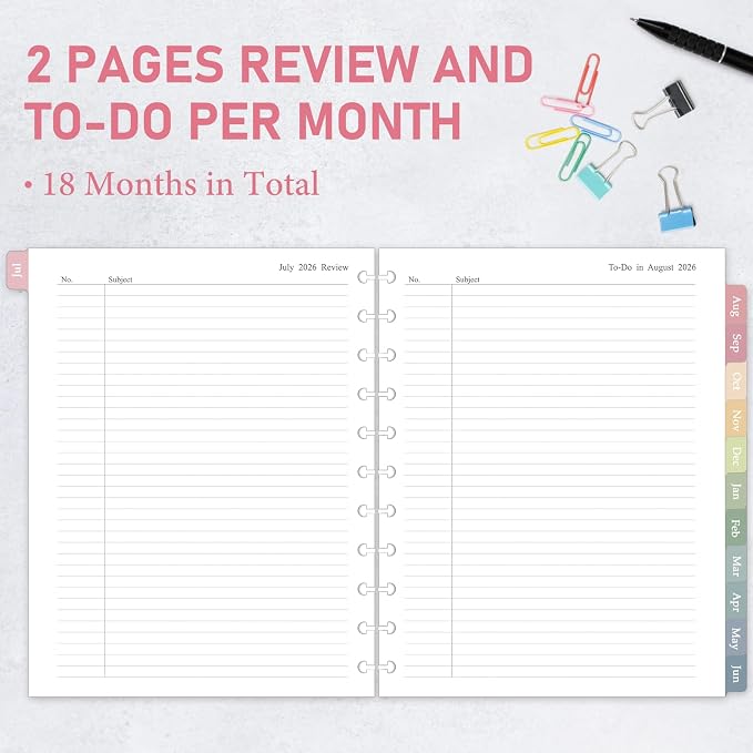 2026-2027 Monthly Planner Refill, Jul. 2026 - Dec. 2027, A4 Letter Size Planner Inserts for 11-Disc Discbound, 8.5"x11", 18 Monthly Calendars with Colorful Laminated Tabs