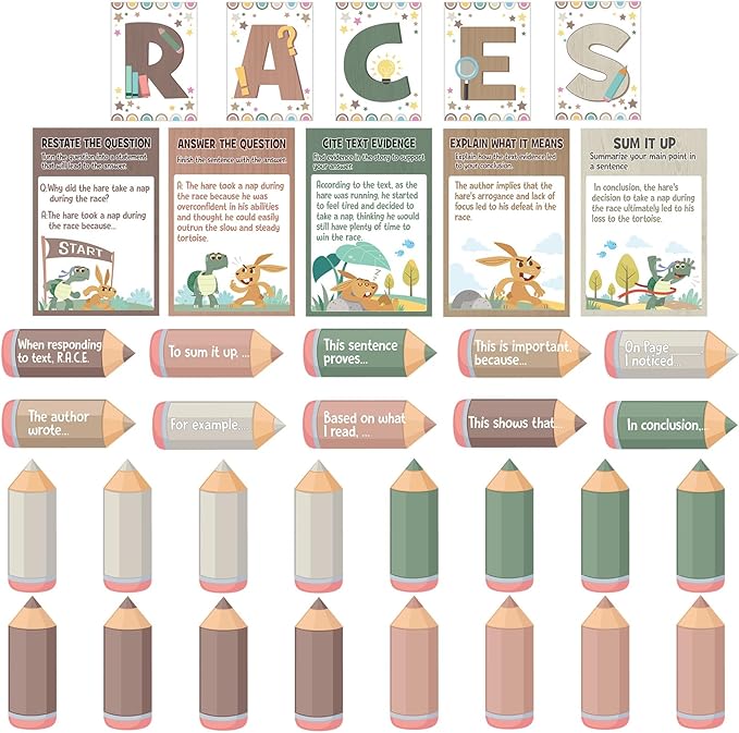 Outus 36 Pcs RACES Writing Strategy Bulletin Board Set, Alphabet Cutout Poster Sentence Starters Cards for Elementary School Classroom, Writing Display Wall Decoration Teacher Supply(Morandi)