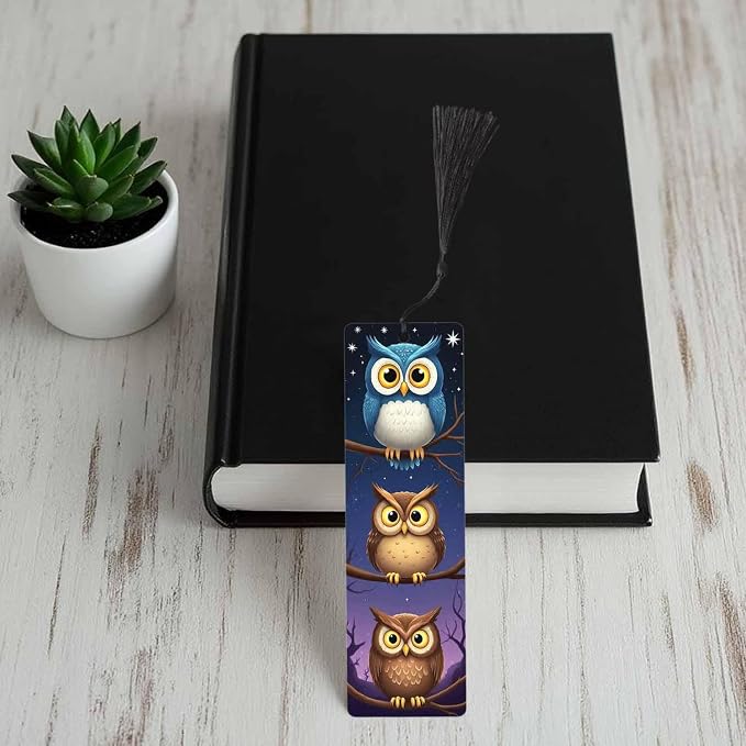 Funny Owl 5 Pcs Bookmarks Cute Owls Standing Tree Branch Wooden Bookmarks with Tassel for Students Reader Teachers Book Lovers
