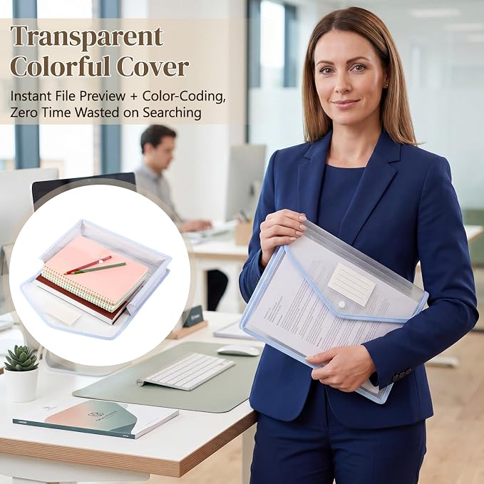 Handepo 50 Pcs Plastic Expanding File Folder Bulk - Transparent Large-Capacity Portable Documents Envelopes with Snap Closure for Office, Business, School - No Dividers (Macaron Colors,A4 Size)