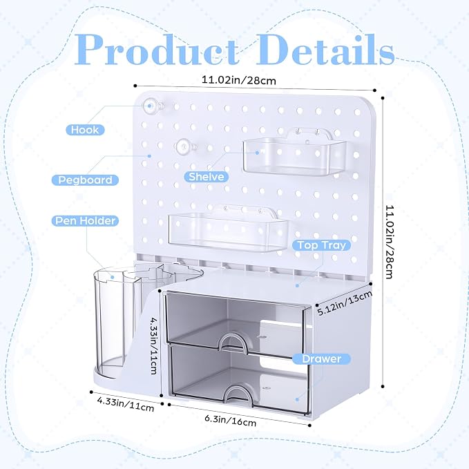 Novabright Desk Organizer with Drawers, Rotating Pen Holder with 5 Slots & Pegboard, Back to School & First Day of School Gifts, Multifunctional Desktop Storage for Desk Home Office Supplies(White)