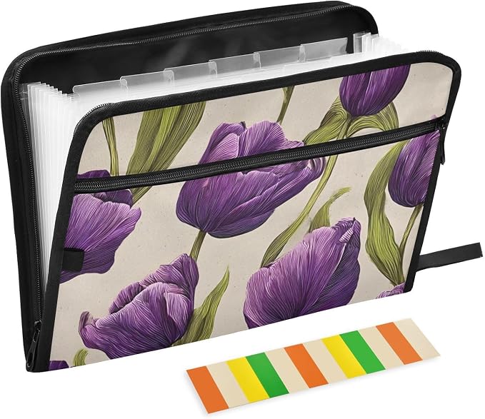Expanding File Folder Purple Tulips Pattern Accordion File Organizer 13 Pockets Document Organizer with Zipper Labels A4 Letter Office Storage