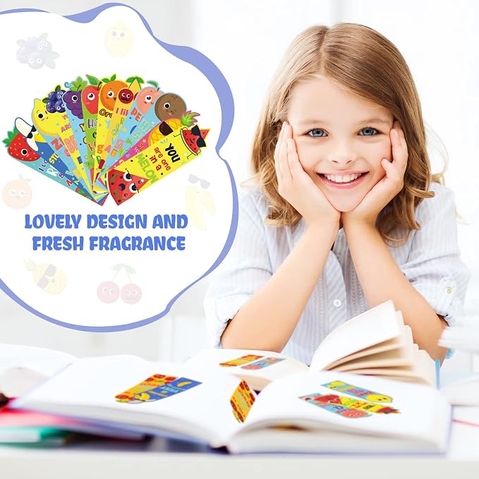 Fainne 60 Pieces Fruit Scented Bookmarks Kids Bulk Scratch and Sniff Classroom Valentines Day Back to School Bookmarks Gift Stuff for Students Christmas End of Year Graduation Birthday Favor