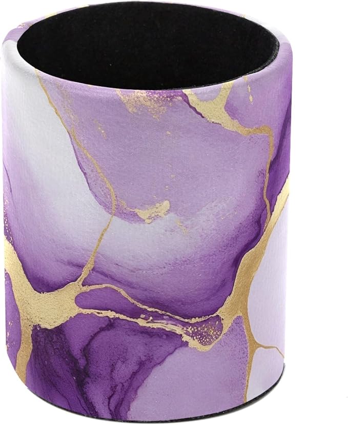Leather Pen Holder for Desk, Purple Marble Makeup Brushes Holder Pencil Cup Multifunctional Desktop Organizer Caddy for Home School Office Desk Accessories