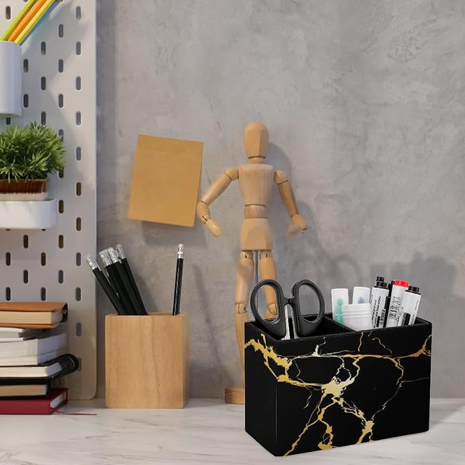 Square Pen Holder Black Marble Gold Texture for Desk, Leather Pencil Container Decoration Office Desk Home, Study Table Pen Organizer, Pencil Organizer