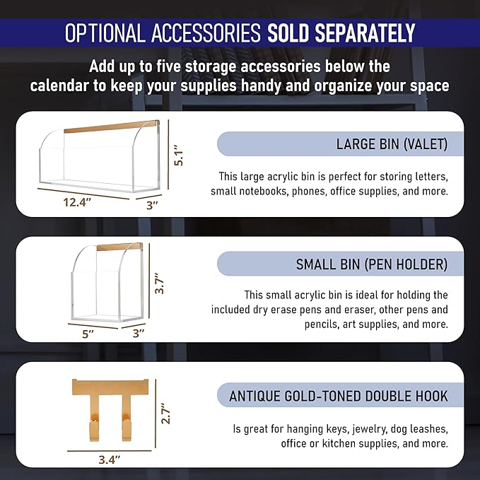 Acrylic Storage Bin for Clear Wall Calendar, 12.4" x 3" x 5.1" Organizer with Gold-Tone Hardware for Pens, Pencils, Office Supplies, and Art Supplies. Perfect Accessory for Home & Office (Storage Bin)